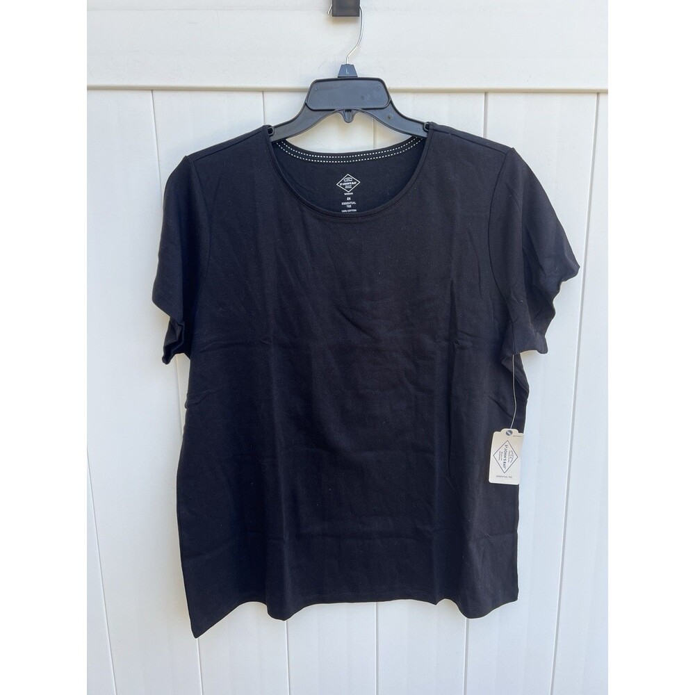 St Johns Bay Essential Tee 100% Cotton Woman 2X Solid Black Short Sleeve New NWT